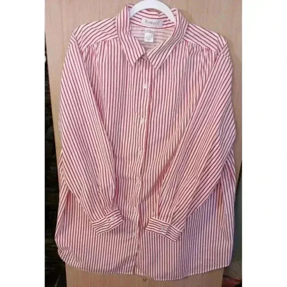 Roaman's Size 1X Long Button Sleeve Button Front Red White striped Smock Blouse‎ - Picture 1 of 6